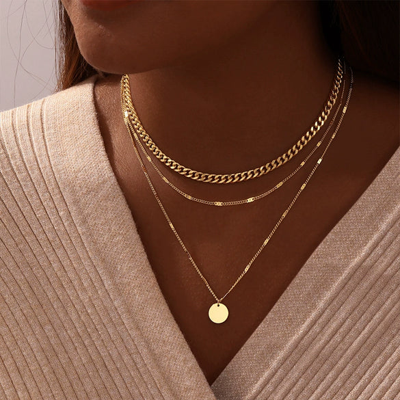 Wholesale Women's Jewelry Geometric Copper Gold Plated Multilayer Clavicle Chain Necklace