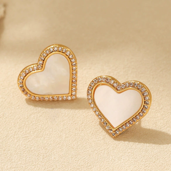 Wholesale Women's Jewelry Heartshaped Motherofpearl Inlaid Zircon Shell Copper Electroplated Earrings And Matching Necklace
