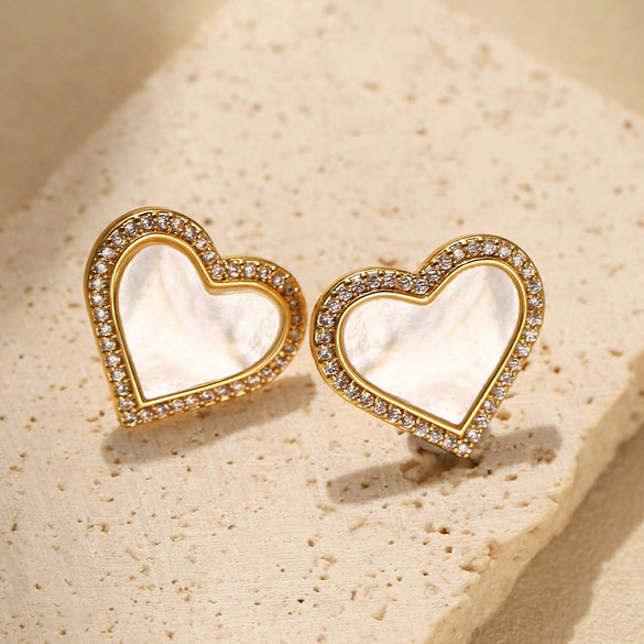 Wholesale Women's Jewelry Heartshaped Motherofpearl Inlaid Zircon Shell Copper Electroplated Earrings And Matching Necklace