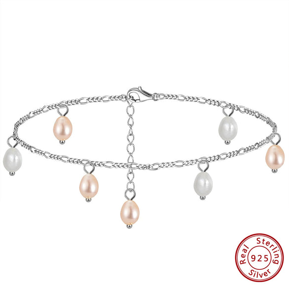 Wholesale Women's Jewelry Natural Pearl And 925 Sterling Silver Geometric Summer Anklet