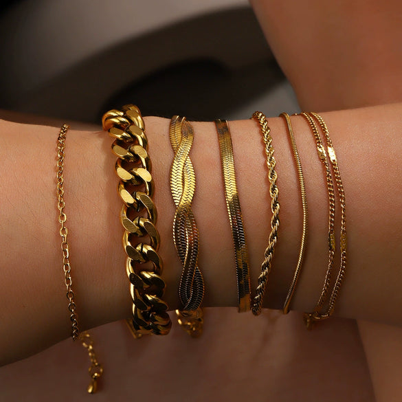 Wholesale Women's Jewelry Set Cuban Chain Bracelet Stacked 18K Gold Plated Stainless Steel Flat Snake Bracelet With Geometric Pattern