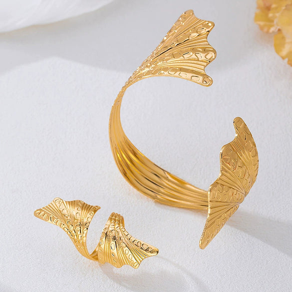 Wholesale Women's Jewelry Set Electroplated Alloy Geometric Leaf And Spiral Open Ring Bracelet Accessories