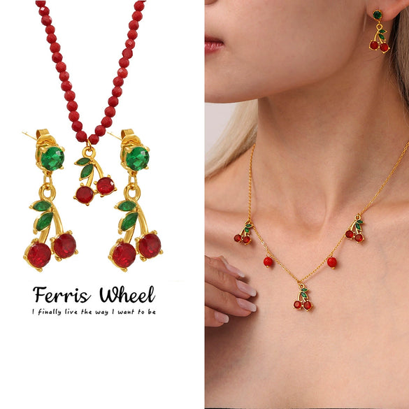 Wholesale Women's Jewelry Set Ferris Wheel Design Natural Stone Beaded Necklace And Glass Stone Cherry Earrings Titanium Steel Electroplated