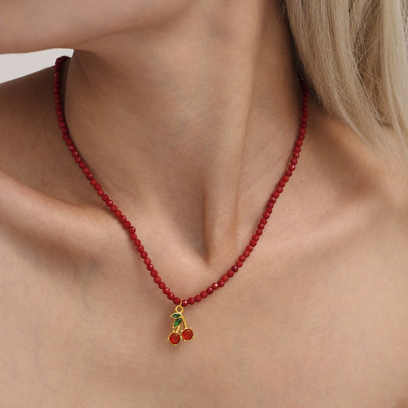 Wholesale Women's Jewelry Set Ferris Wheel Design Natural Stone Beaded Necklace And Glass Stone Cherry Earrings Titanium Steel Electroplated