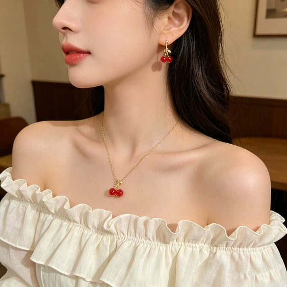 Wholesale Women's Jewelry Set Fruit Pattern Titanium Steel Electroplated Necklace And Earrings Accessories