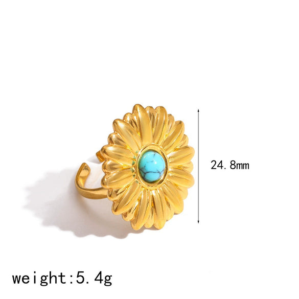Wholesale Women's Jewelry Set Geometric And Flower Patterned Stainless Steel Earrings And Ring With Vacuum Real Gold Plating