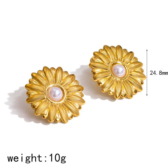 Wholesale Women's Jewelry Set Geometric And Flower Patterned Stainless Steel Earrings And Ring With Vacuum Real Gold Plating