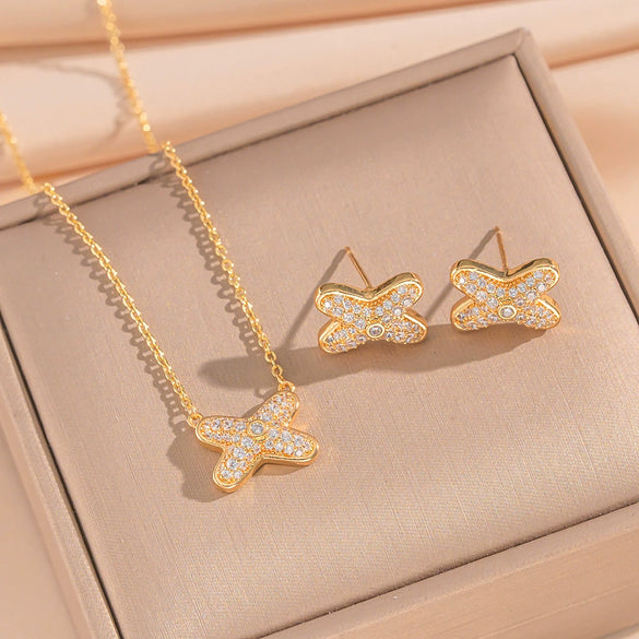 Wholesale Women's Jewelry Set Light Luxury Geometric Style Cross Crown Roman Numerals Electroplated Environmentally Friendly Copper And Titanium Steel Necklace And Earrings