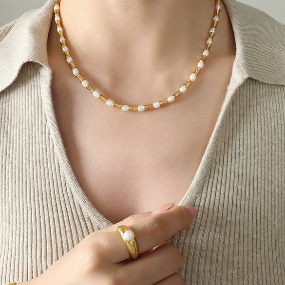 Wholesale Women's Jewelry Set Necklace Bracelet Freshwater Pearl Stitching Titanium Steel Electroplated