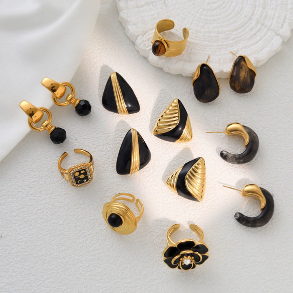 Wholesale Women's Jewelry Set Of Earrings And Ring Fashion Geometric Heart Water Drop Bell Pattern Stainless Steel 18K Electroplated