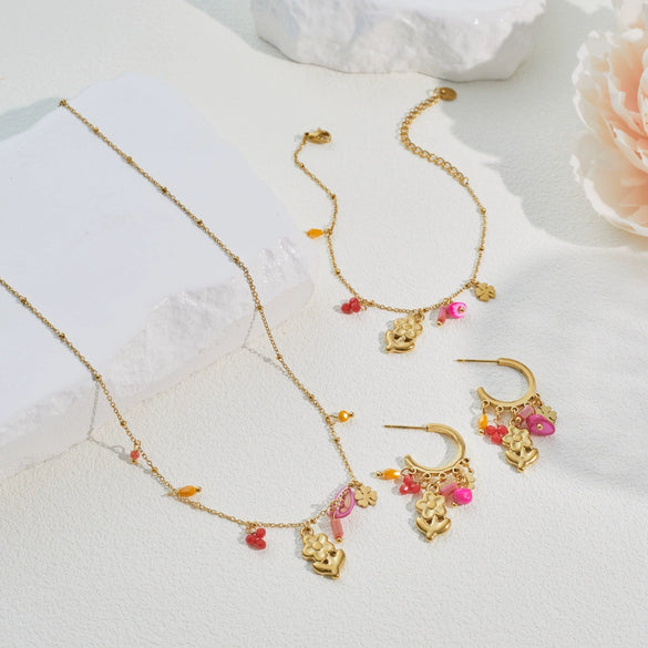 Wholesale Women's Jewelry Set Stainless Steel 18K Gold Electroplated Dopamine Style With Heart Drop Bell Geometric Patterns Necklace Bracelet Earring