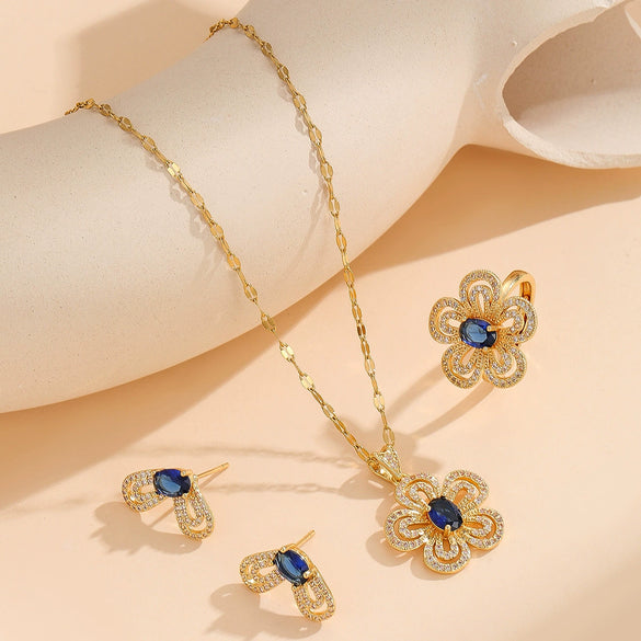 Wholesale Women's Jewelry Set Titanium Steel Flower Shaped With Sea Blue Gemstone Inlaid And Electroplating