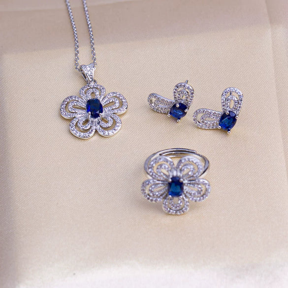 Wholesale Women's Jewelry Set Titanium Steel Flower Shaped With Sea Blue Gemstone Inlaid And Electroplating