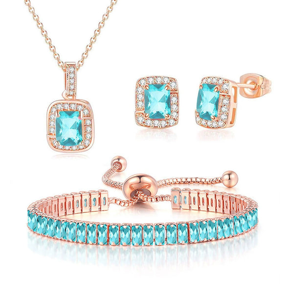 Wholesale Women's Jewelry Set With Alloy And Artificial Crystal Square Pattern Electroplated Ochain Earrings Pendant Necklace And Bracelet