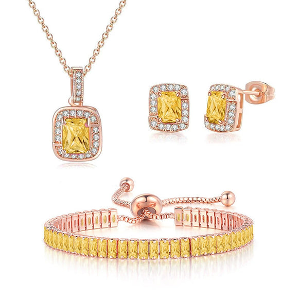 Wholesale Women's Jewelry Set With Alloy And Artificial Crystal Square Pattern Electroplated Ochain Earrings Pendant Necklace And Bracelet