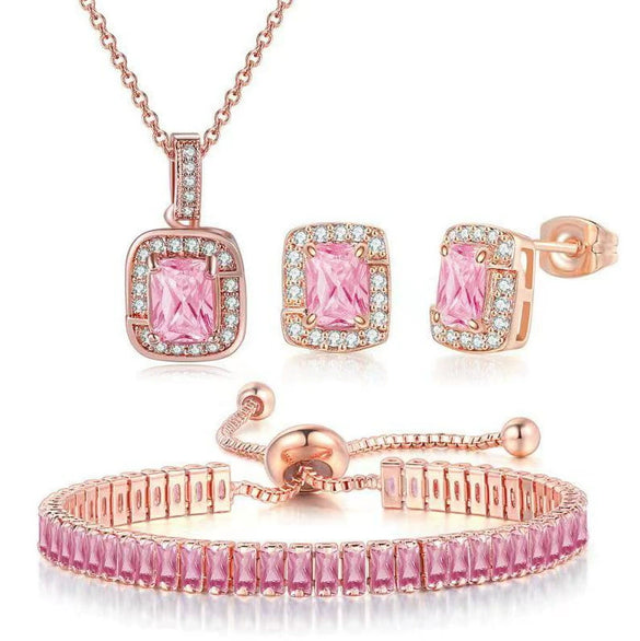 Wholesale Women's Jewelry Set With Alloy And Artificial Crystal Square Pattern Electroplated Ochain Earrings Pendant Necklace And Bracelet