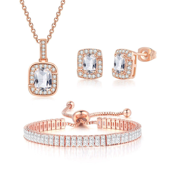 Wholesale Women's Jewelry Set With Alloy And Artificial Crystal Square Pattern Electroplated Ochain Earrings Pendant Necklace And Bracelet