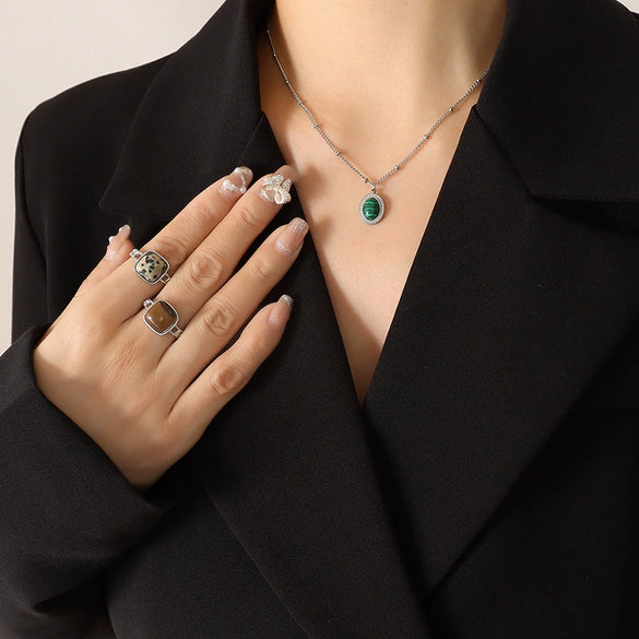 Wholesale Women's Jewelry Set With Oval Turquoise Cat's Eye Stone Inlaid Retro Style Titanium Steel Material