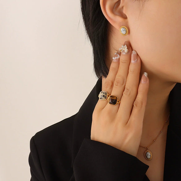 Wholesale Women's Jewelry Set With Oval Turquoise Cat's Eye Stone Inlaid Retro Style Titanium Steel Material
