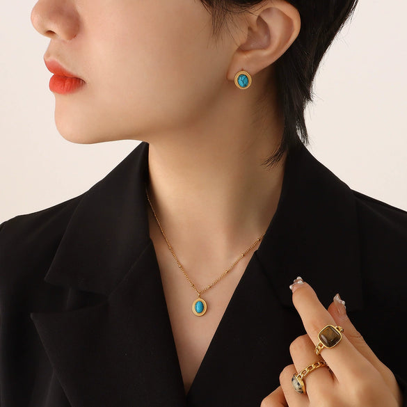 Wholesale Women's Jewelry Set With Pine Stone And Cat's Eye Stone Inlaid Titanium Steel Turquoise Opal Simple Geometric Design