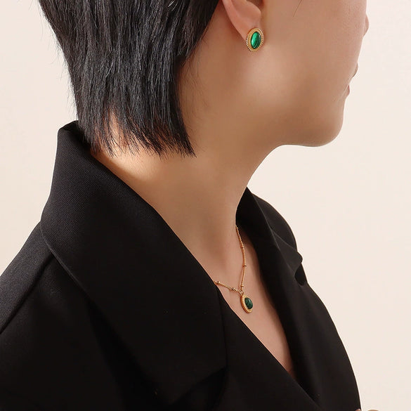 Wholesale Women's Jewelry Set With Pine Stone And Cat's Eye Stone Inlaid Titanium Steel Turquoise Opal Simple Geometric Design