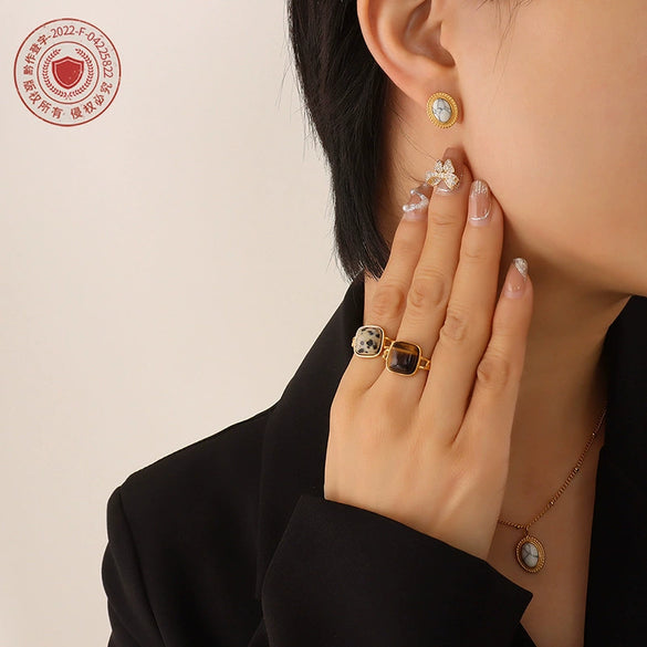 Wholesale Women's Jewelry Set With Pine Stone And Cat's Eye Stone Inlaid Titanium Steel Turquoise Opal Simple Geometric Design