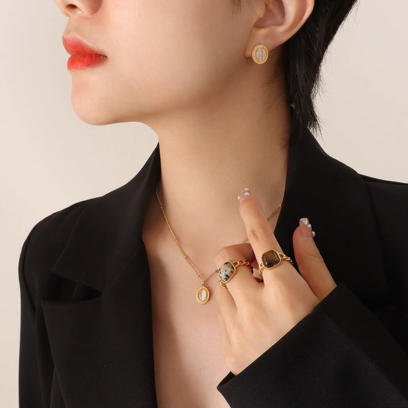 Wholesale Women's Jewelry Set With Pine Stone And Cat's Eye Stone Inlaid Titanium Steel Turquoise Opal Simple Geometric Design