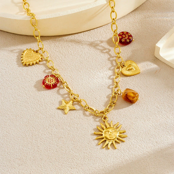 Wholesale Women's Jewelry Set With Sun Round Heartshaped Stainless Steel Pendants Plants And Flowers Pattern O Word Chain Electroplated