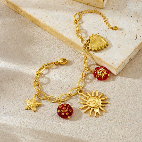 Wholesale Women's Jewelry Set With Sun Round Heartshaped Stainless Steel Pendants Plants And Flowers Pattern O Word Chain Electroplated