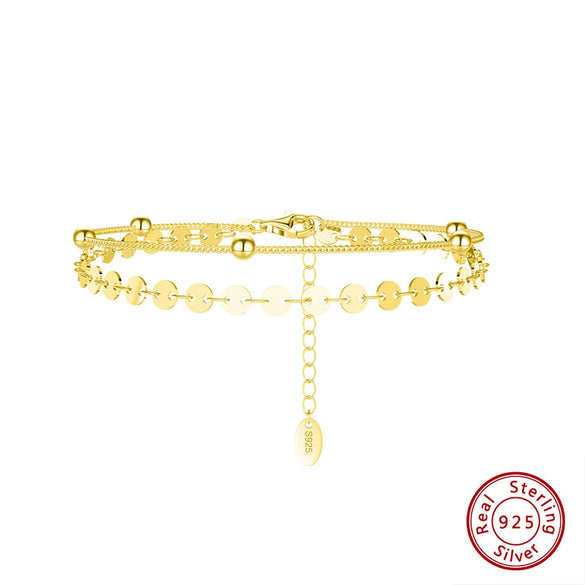 Wholesale Women's Jewelry 925 Silver Double Layer Round Sequin Chain Bracelet With Heart Shape Design And Electroplating Treatment