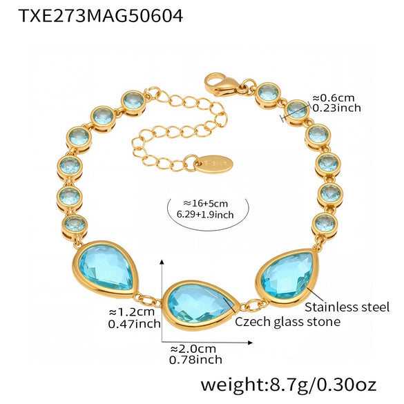 Wholesale Women's Jewelry 316L Stainless Steel Bracelet With Transparent Dropshaped Czech Glass Stone Electroplated Geometric Design
