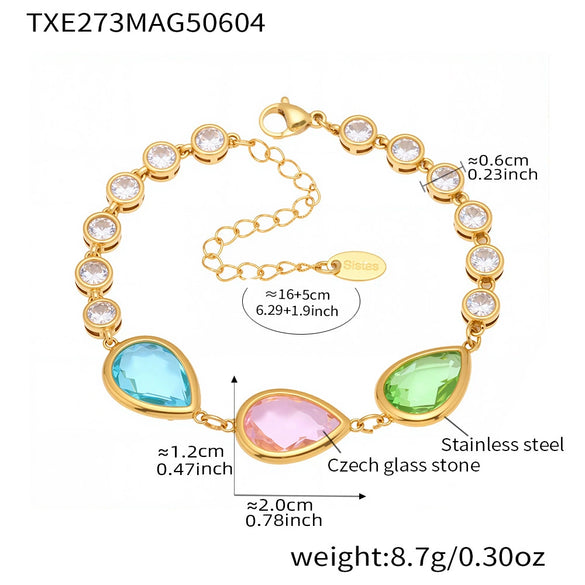 Wholesale Women's Jewelry 316L Stainless Steel Bracelet With Transparent Dropshaped Czech Glass Stone Electroplated Geometric Design