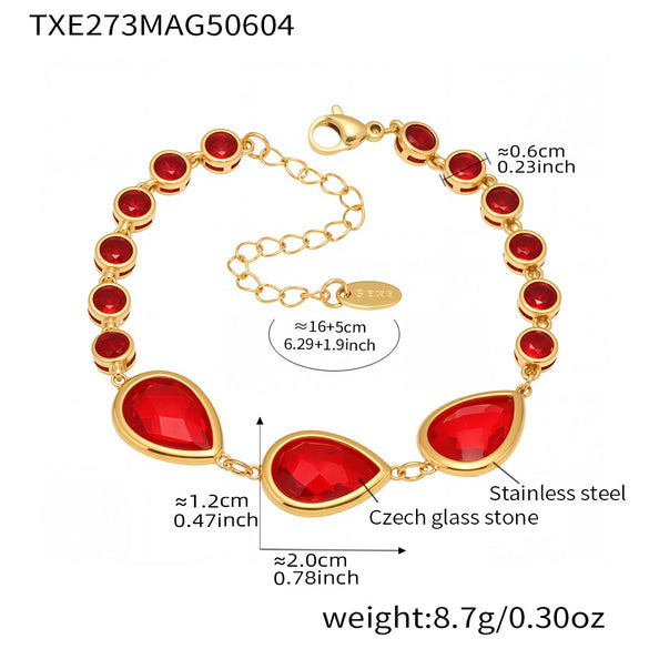 Wholesale Women's Jewelry 316L Stainless Steel Bracelet With Transparent Dropshaped Czech Glass Stone Electroplated Geometric Design