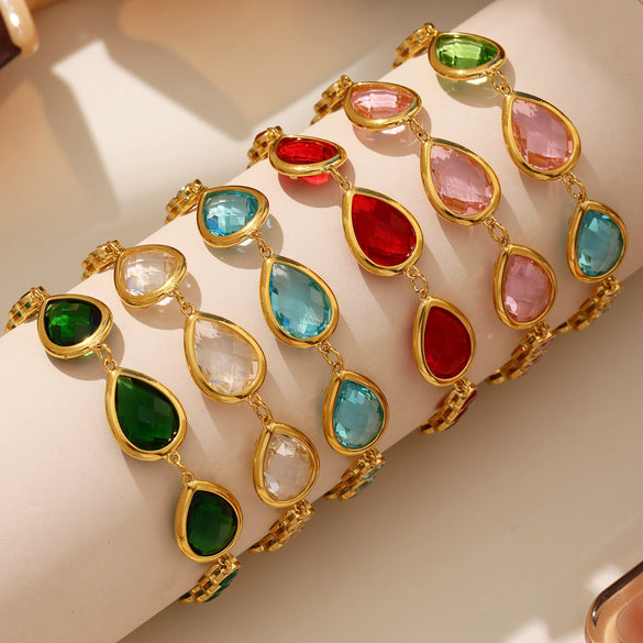 Wholesale Women's Jewelry 316L Stainless Steel Bracelet With Transparent Dropshaped Czech Glass Stone Electroplated Geometric Design