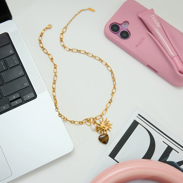 Wholesale Women's Jewelry Stainless Steel Electroplated Necklace With Tiger Eye Stone Heart Shape And Geometric Pattern