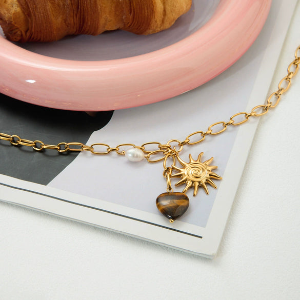 Wholesale Women's Jewelry Stainless Steel Electroplated Necklace With Tiger Eye Stone Heart Shape And Geometric Pattern
