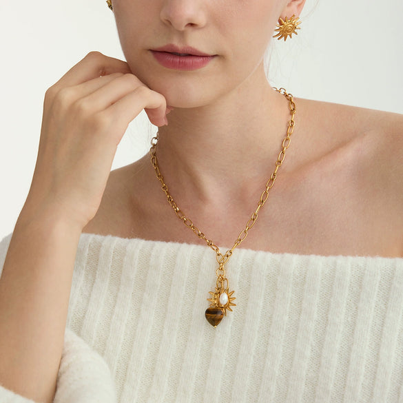 Wholesale Women's Jewelry Stainless Steel Electroplated Necklace With Tiger Eye Stone Heart Shape And Geometric Pattern