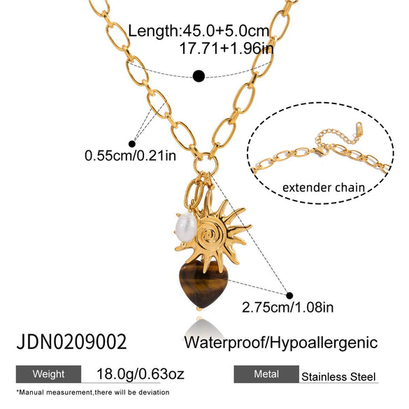 Wholesale Women's Jewelry Stainless Steel Electroplated Necklace With Tiger Eye Stone Heart Shape And Geometric Pattern