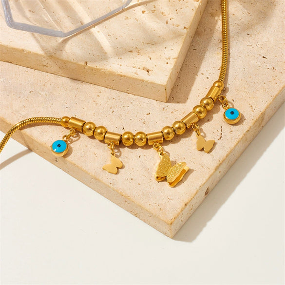 Wholesale Women's Jewelry Stainless Steel Geometric Butterfly Blue Eye Pendant Retro Bracelet With Electroplating Treatment