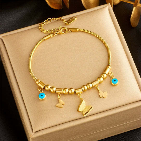 Wholesale Women's Jewelry Stainless Steel Geometric Butterfly Blue Eye Pendant Retro Bracelet With Electroplating Treatment