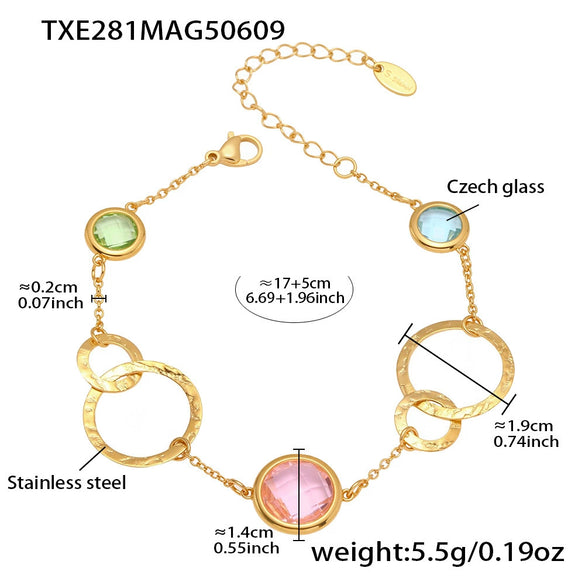 Wholesale Women's Jewelry 316L Stainless Steel Geometric Czech Glass Ring Bracelet With Electroplating