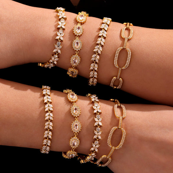 Wholesale Women's Jewelry Stainless Steel Geometric Pattern Fourleaf Flower Full Diamond Bracelet Electroplating