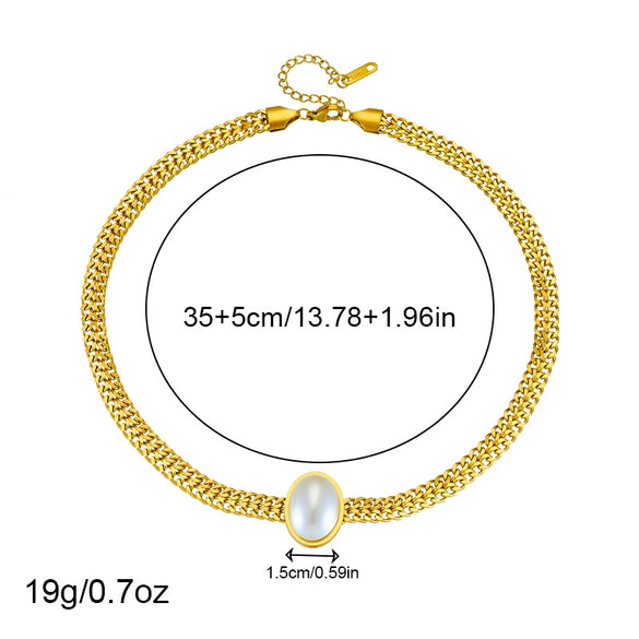 Wholesale Women's Jewelry Stainless Steel Goldplated Oval Pearl Retro Simple Geometric Earrings Ring Necklace Set