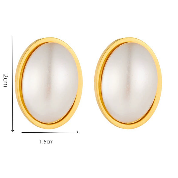 Wholesale Women's Jewelry Stainless Steel Goldplated Oval Pearl Retro Simple Geometric Earrings Ring Necklace Set