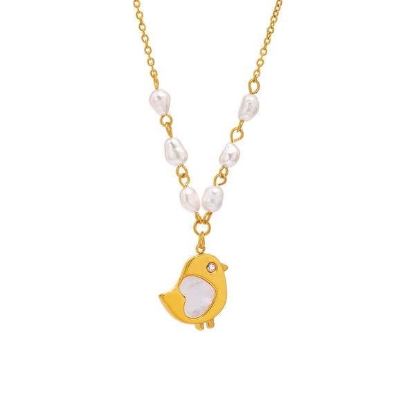 Wholesale Women's Jewelry 316L Stainless Steel Goldplated Shell Freshwater Pearl Necklace With Geometric Pattern And Electroplating Design