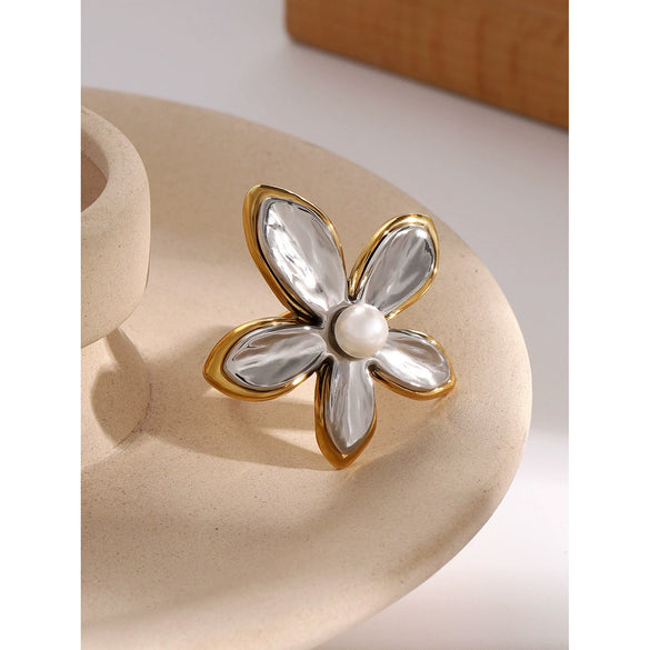 Wholesale Women's Jewelry Stainless Steel Pearl Ring And Flower Earrings With Electroplating