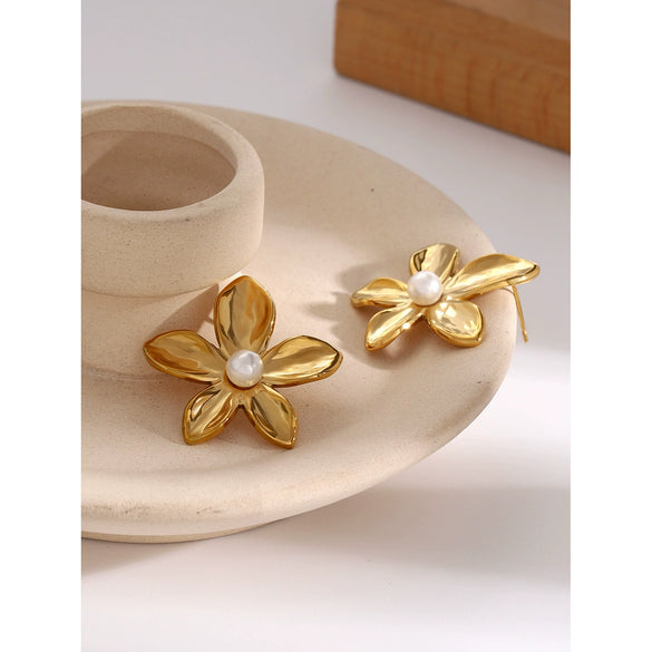 Wholesale Women's Jewelry Stainless Steel Pearl Ring And Flower Earrings With Electroplating
