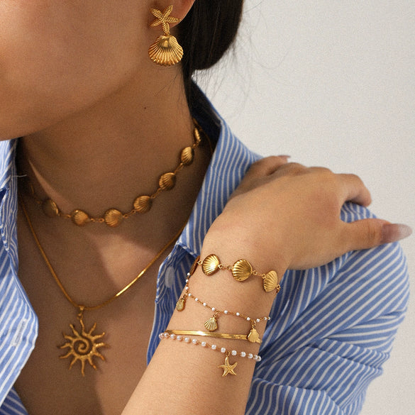 Wholesale Women's Jewelry Stainless Steel Shell Chain Electroplated Star Geometric Necklace Bracelet Earrings
