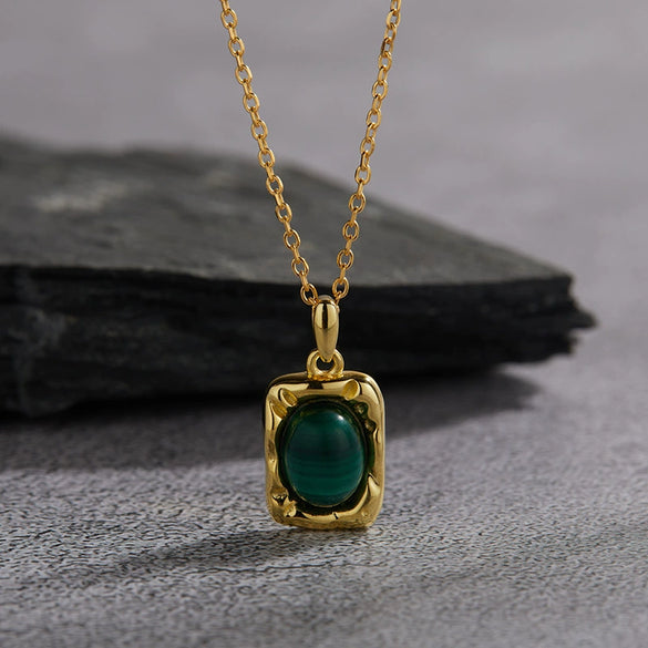 Wholesale Women's Jewelry 925 Sterling Silver Geometric Art Box Pendant Set With Gems Malachite Lapis Gold Tiger Eye Necklace Light Luxury Retro Style