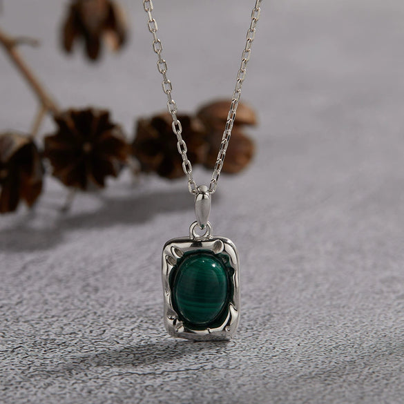 Wholesale Women's Jewelry 925 Sterling Silver Geometric Art Box Pendant Set With Gems Malachite Lapis Gold Tiger Eye Necklace Light Luxury Retro Style